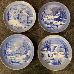 Set of 4 Vintage Blue 1970's Currier & Ives Homestead in Winter Plates~ Japan